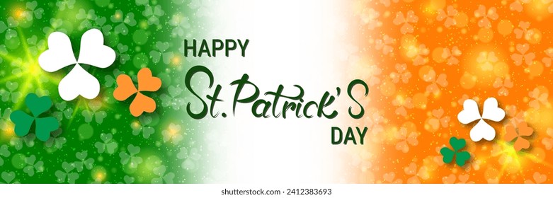 St.Patrick's Day vector banner template. Irish flag background with colorful clover leaves