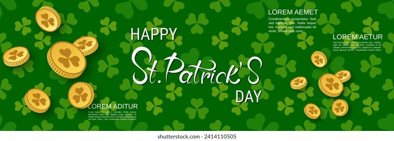 St.Patrick's Day vector banner template. Green pattern background with colorful clover leaves