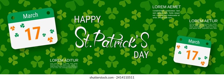 St.Patrick's Day vector banner template. Green pattern background with colorful clover leaves