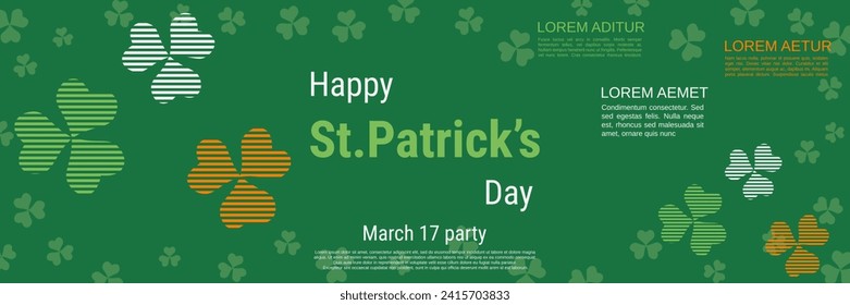 St.Patrick's Day vector banner template. Green background with colorful clover leaves and lettering