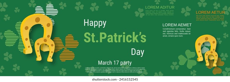 St.Patrick's Day vector banner template. Green background with colorful clover leaves and lettering