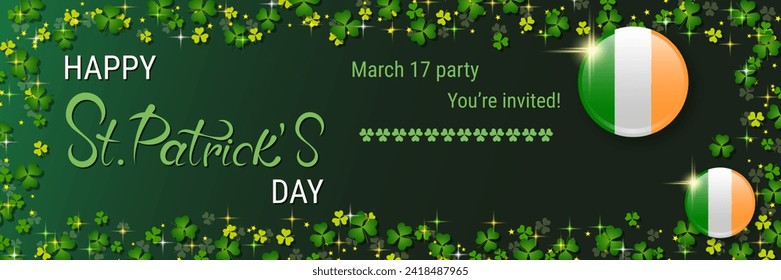 St.Patrick's Day vector banner template. Green gradient background with clover leaves and lettering