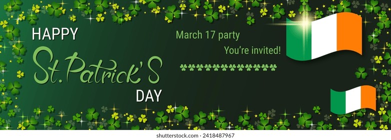 St.Patrick's Day vector banner template. Green gradient background with clover leaves and lettering