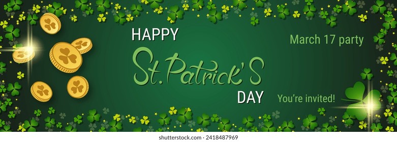 St.Patrick's Day vector banner template. Green gradient background with clover leaves and lettering