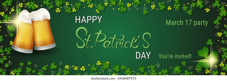 St.Patrick's Day vector banner template. Green gradient background with clover leaves and lettering