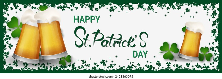 St.Patrick's Day vector banner template. White background with clover leaves and lettering