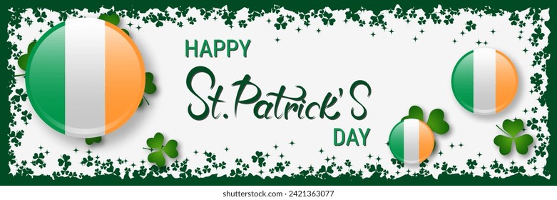 St.Patrick's Day vector banner template. White background with clover leaves and lettering