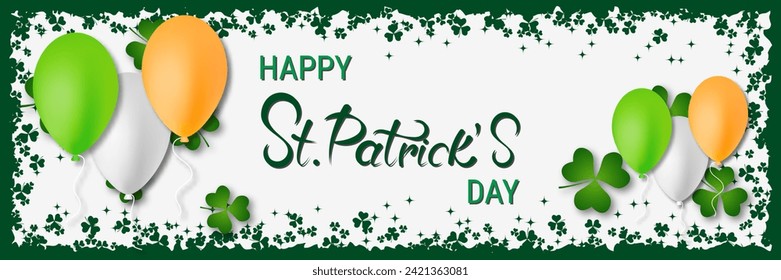 Plantilla de banner vectorial del Día de San Patricio. Fondo blanco con hojas de trébol y letras
