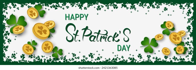 St.Patrick's Day vector banner template. White background with clover leaves and lettering