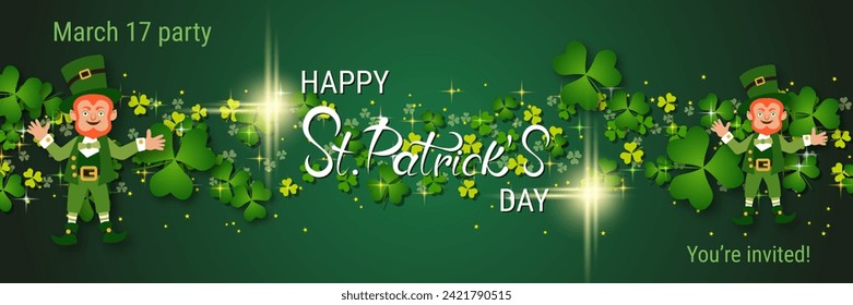 St.Patrick's Day vector banner template. Green gradient background with clover leaves and lettering