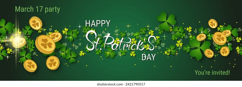St.Patrick's Day vector banner template. Green gradient background with clover leaves and lettering