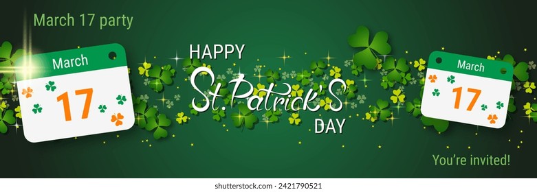St.Patrick's Day vector banner template. Green gradient background with clover leaves and lettering