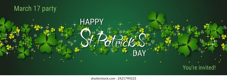 St.Patrick's Day vector banner template. Green gradient background with clover leaves and lettering