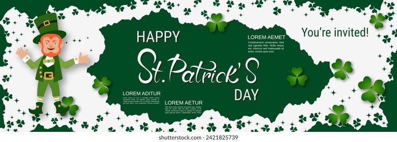 St.Patrick's Day vector banner template. White-green background with clover leaves and lettering