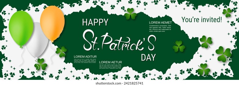 St.Patrick's Day vector banner template. White-green background with clover leaves and lettering