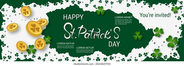 St.Patrick's Day vector banner template. White-green background with clover leaves and lettering