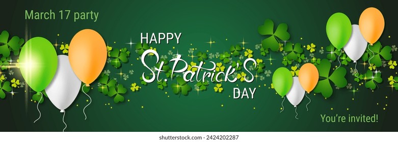 St.Patrick's Day vector banner template. Green gradient background with clover leaves and lettering