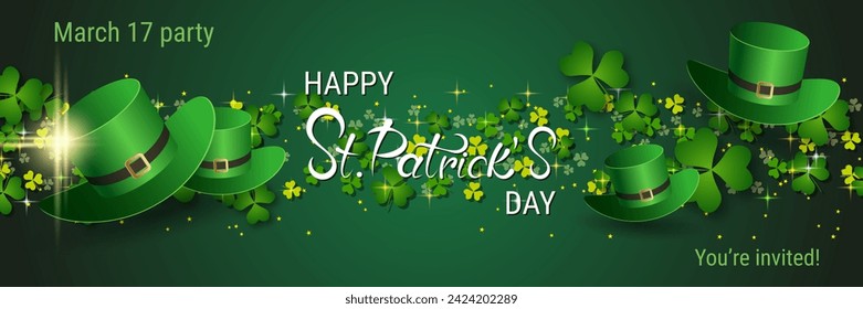 St.Patrick's Day vector banner template. Green gradient background with clover leaves and lettering
