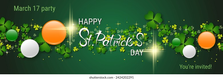 St.Patrick's Day vector banner template. Green gradient background with clover leaves and lettering