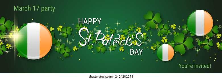 St.Patrick's Day vector banner template. Green gradient background with clover leaves and lettering