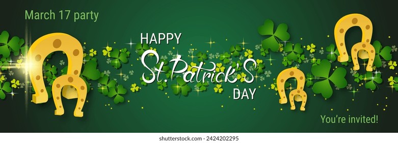 St.Patrick's Day vector banner template. Green gradient background with clover leaves and lettering