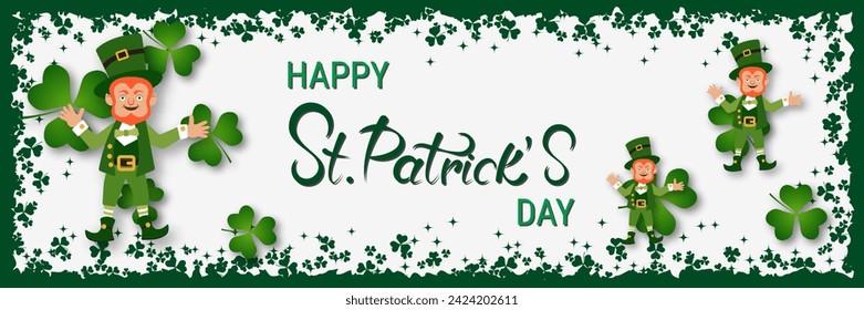 St.Patrick's Day vector banner template. White background with grunge frame, clover leaves and lettering