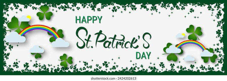 St.Patrick's Day vector banner template. White background with grunge frame, clover leaves and lettering