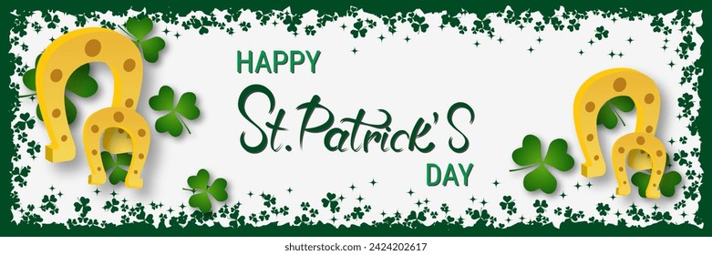 St.Patrick's Day vector banner template. White background with grunge frame, clover leaves and lettering