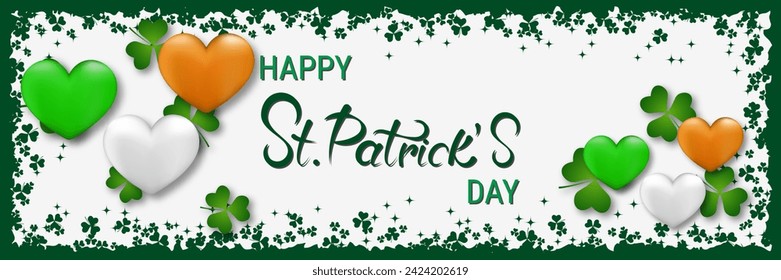 St.Patrick's Day vector banner template. White background with grunge frame, clover leaves and lettering