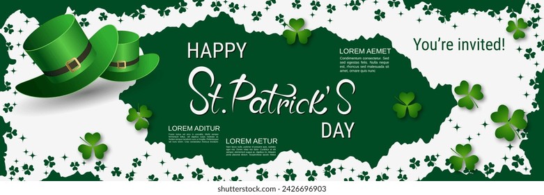 St.Patrick's Day vector banner template. White-green background with clover leaves and lettering