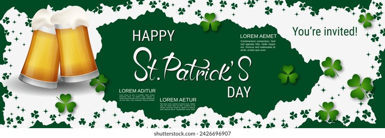 St.Patrick's Day vector banner template. White-green background with clover leaves and lettering