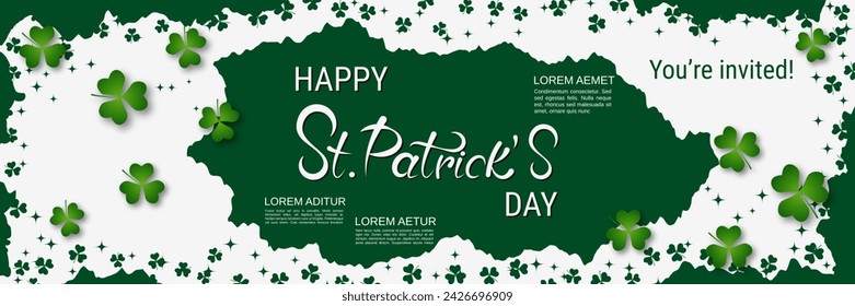St.Patrick's Day vector banner template. White-green background with clover leaves and lettering