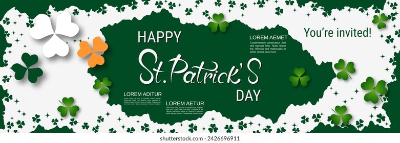 St.Patrick's Day vector banner template. White-green background with clover leaves and lettering