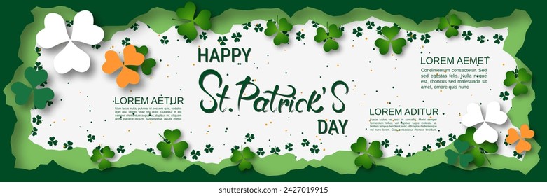 St.Patrick's Day vector banner template. White background with clover leaves and lettering