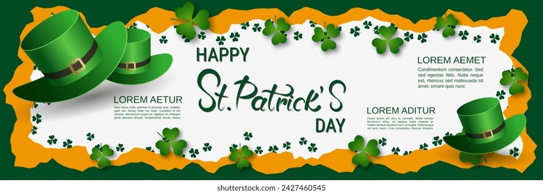 St.Patrick's Day vector banner template. White background with clover leaves and lettering