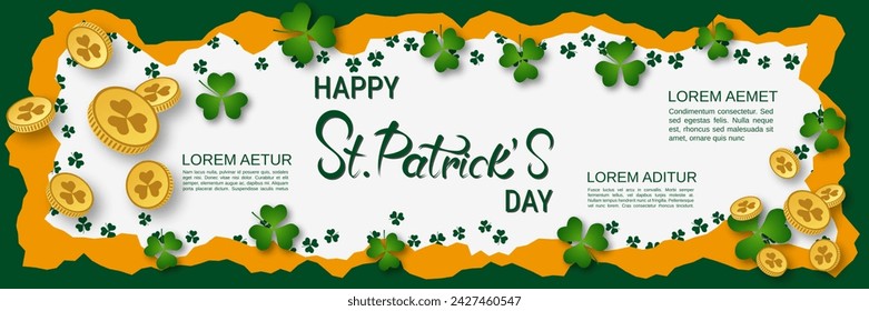 St.Patrick's Day vector banner template. White background with clover leaves and lettering