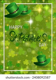 St.Patrick's Day vector flyer template. Green background with colorful clover leaves