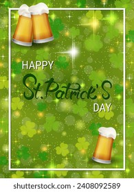 St.Patrick's Day vector flyer template. Green background with colorful clover leaves