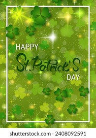 St.Patrick's Day vector flyer template. Green background with colorful clover leaves