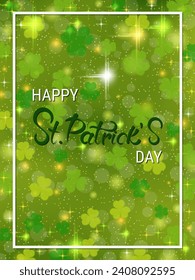 St.Patrick's Day vector flyer template. Green background with colorful clover leaves