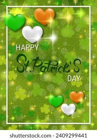 St.Patrick's Day vector flyer template. Green background with colorful clover leaves