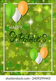 St.Patrick's Day vector flyer template. Green background with colorful clover leaves