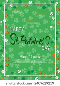 St.Patrick's Day vector flyer template. Green background with colorful clover leaves