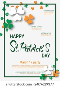 St.Patrick's Day vector flyer template. White background with colorful clover leaves