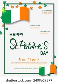 St.Patrick's Day vector flyer template. White background with colorful clover leaves
