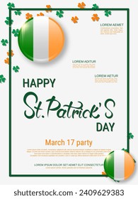St.Patrick's Day vector flyer template. White background with colorful clover leaves