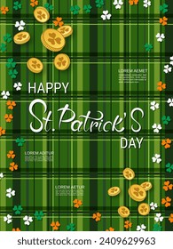 St.Patrick's Day vector flyer template. Green plaid background with colorful clover leaves