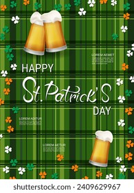 St.Patrick's Day vector flyer template. Green plaid background with colorful clover leaves
