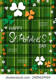 St.Patrick's Day vector flyer template. Green plaid background with colorful clover leaves