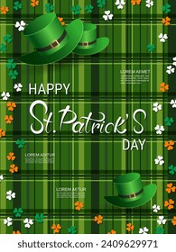 St.Patrick's Day vector flyer template. Green plaid background with colorful clover leaves